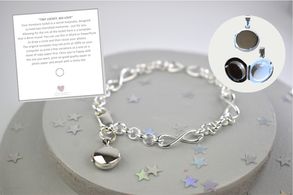 Silver infinity bracelet with secret tiny photo locket