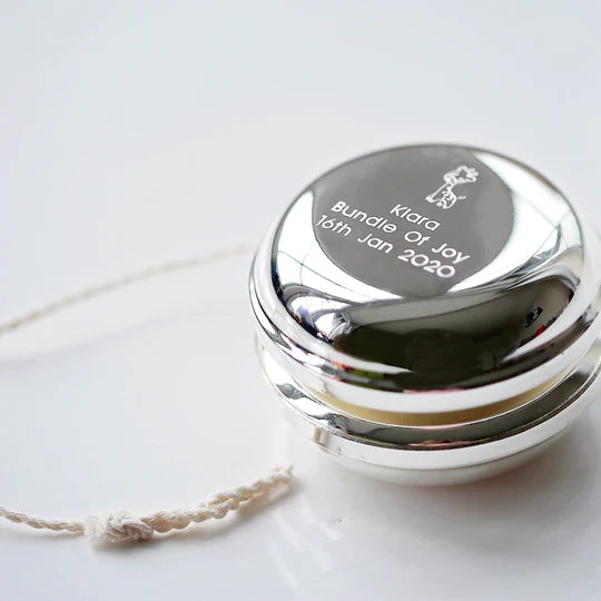 Nickel plated yoyo with a choice of picture. Both sides of the yoyo can be engraved with your own message