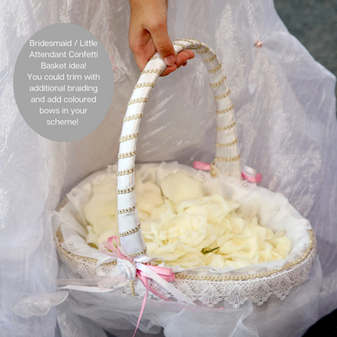White confetti basket carried by flower girl. Add your own decoration in your wedding colours