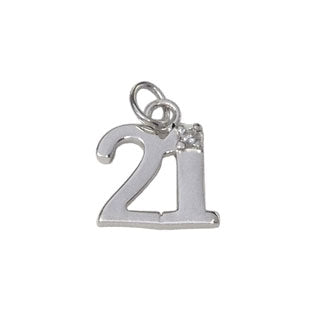 Sterling silver 21 charm with tiny diamante on the 1, forms the centre of the 21st birthday crystal keepsake.