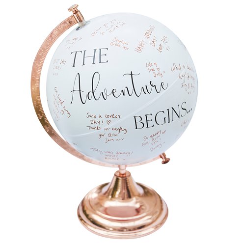 globe wedding guest book with the slogan "The Adventure Begins"