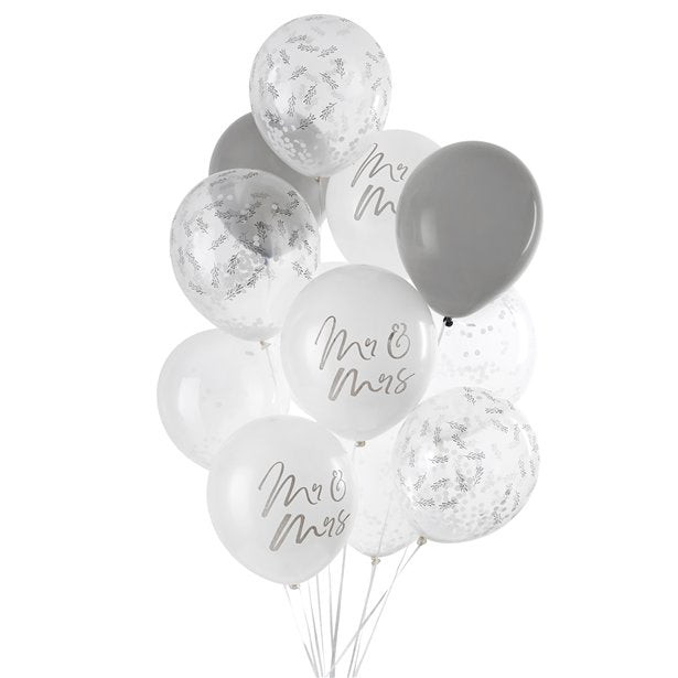 white and grey bunch of wedding balloons, mixed some with Mr & Mrs