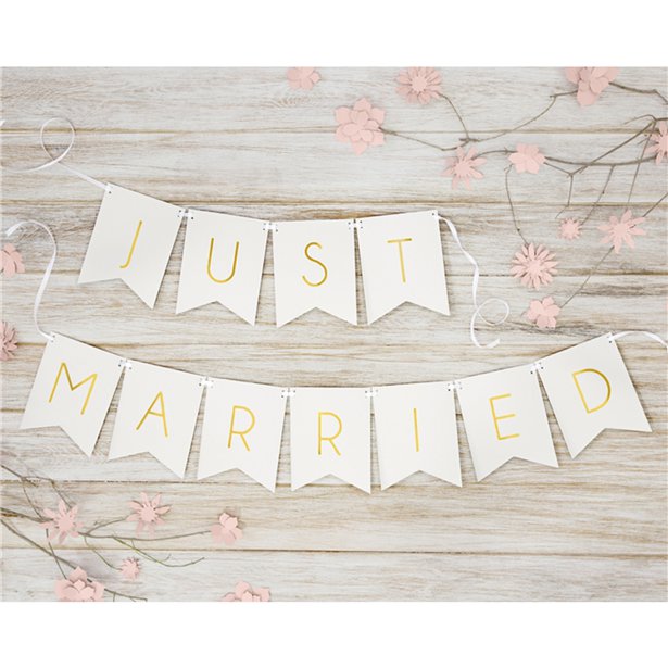 Just married bunting threaded onto white ribbon