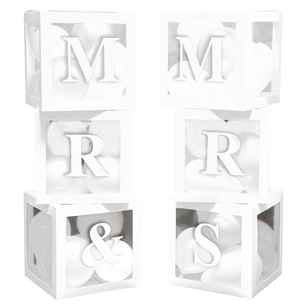 Mr & Mrs Balloon Box Kit. Supplied with stickers, boxes and 24 white latex balloons