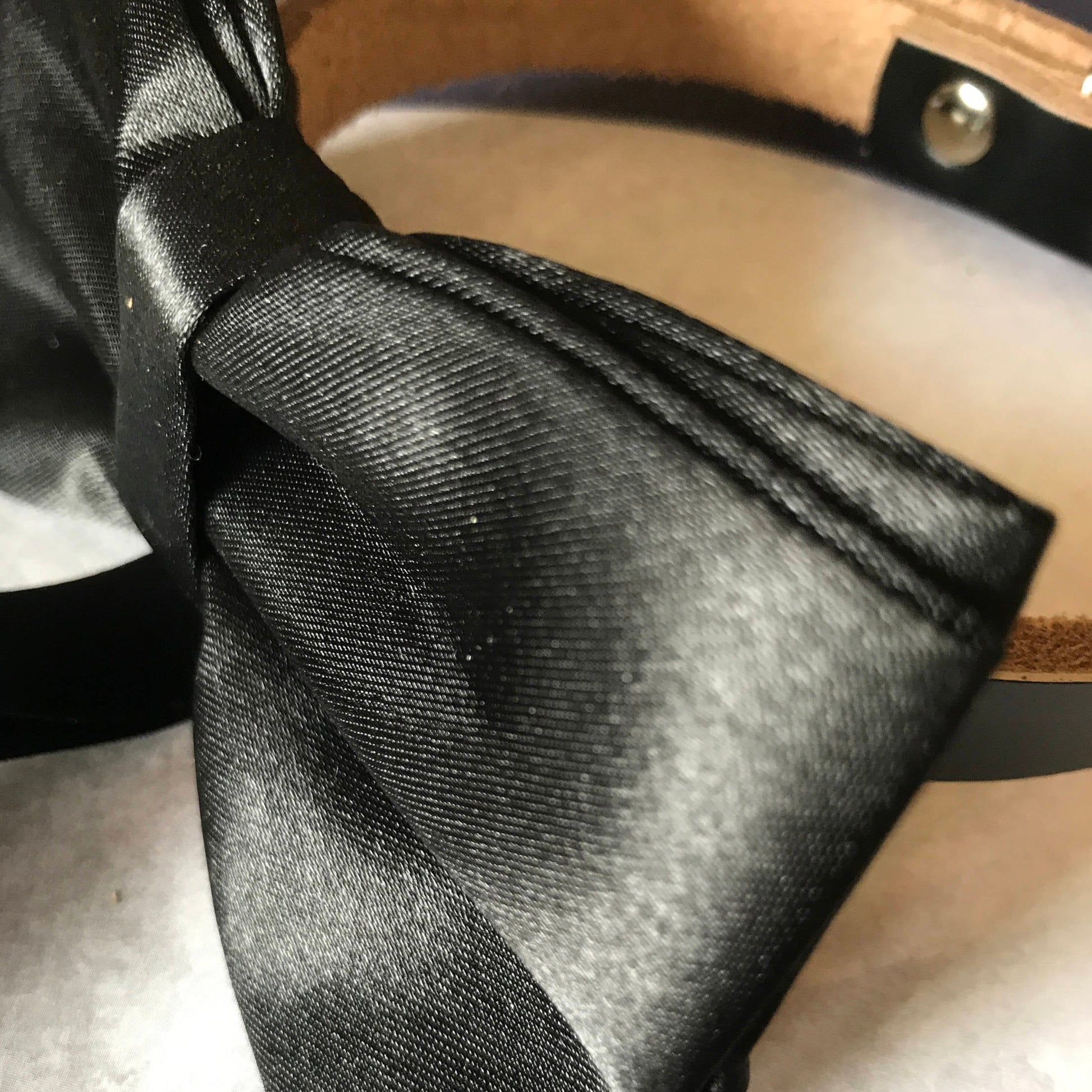 Close up of dog bow tie on leather collar