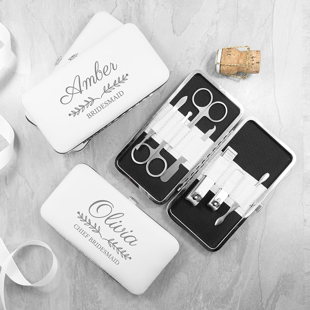 White manicure set with name and role printed on front and showing 7 piece content