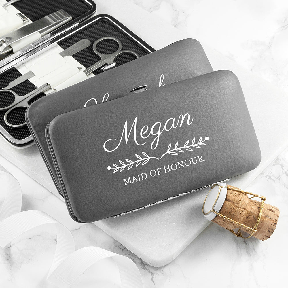 grey manicure set with name and role printed on front 