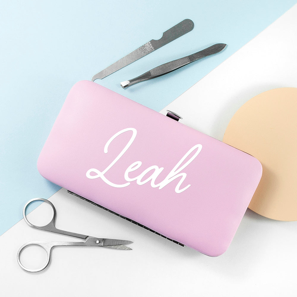 Pink manicure set with name in script