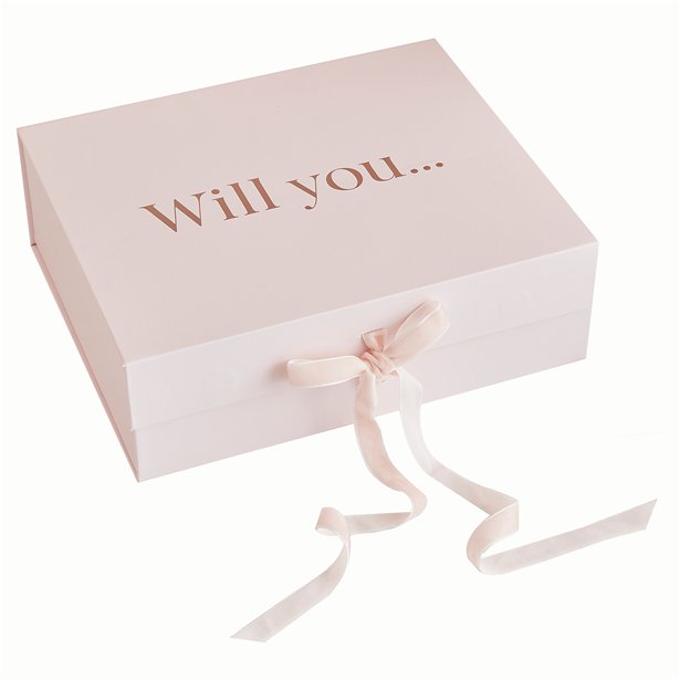 Pretty gift box with magnetic closure and velvet ribbon has rose gold foil lettering on the front stating "Will You ...