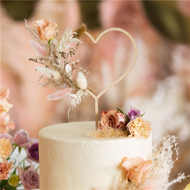 Wooden heart topper pushes into your wedding cake for you to decorate with flowers of your choice