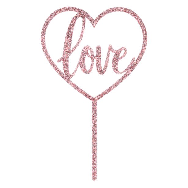 Rose gold finish acrylic cake topper. Heart shaped with the word "love" inside the heart, push into wedding cake