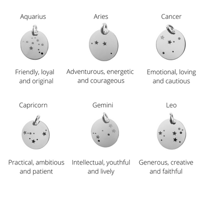 Illustration of six birth constellations giving their pattern and characteristics - Aquarius, Aries, Cancer, Capricorn, Gemini, Leo