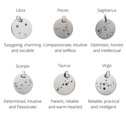 LIllustration showing six birth constellation patters and their characteristics - Libra, Pisces, Sagittarius, Scorpio, Taurus, Virgo