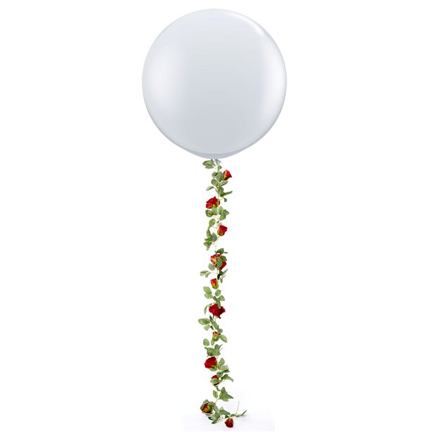 Red rose garland shown attached to large balloon