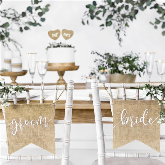 hessian bride and groom signs