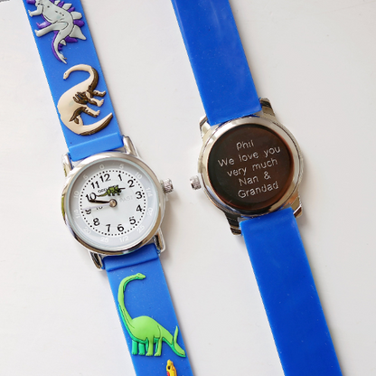 Blue dinosaur watch with personalised engraving