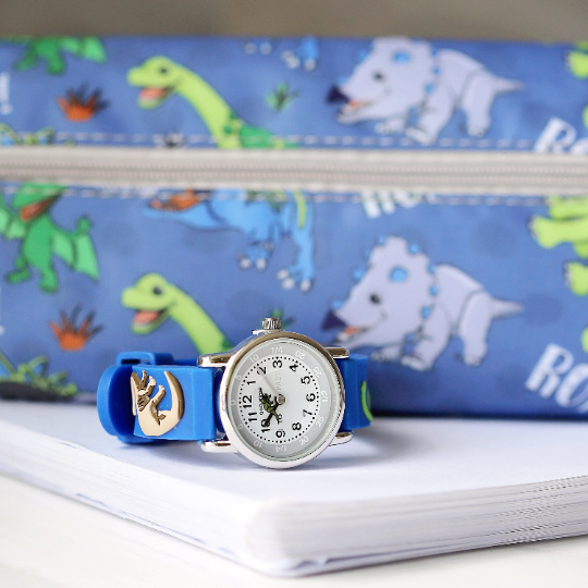 Blue dinosaur watch with pencil case