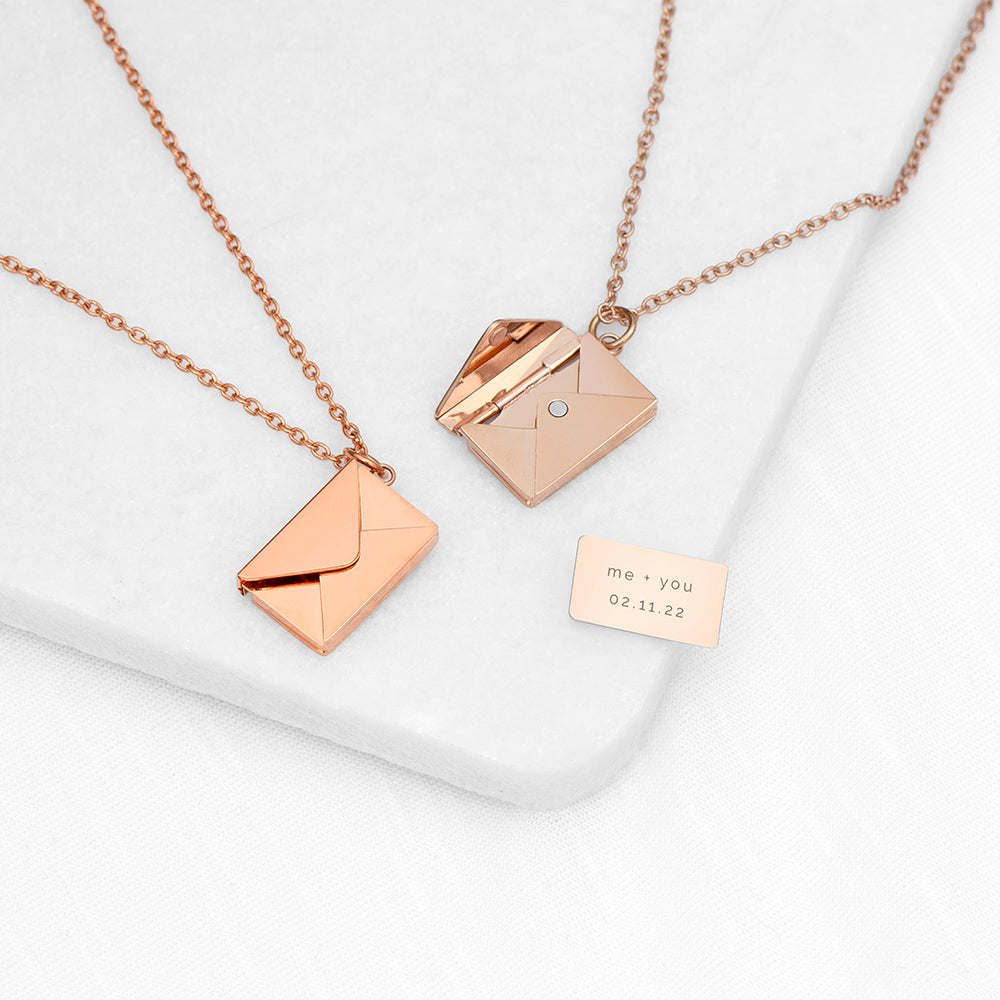 Rose gold plated envelope necklace shown open and closed with engraved message to be placed inside the envelope