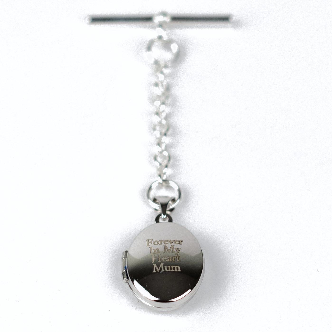 Sterling silver locket engraved with the message of your choice, shown with toggle fastening
