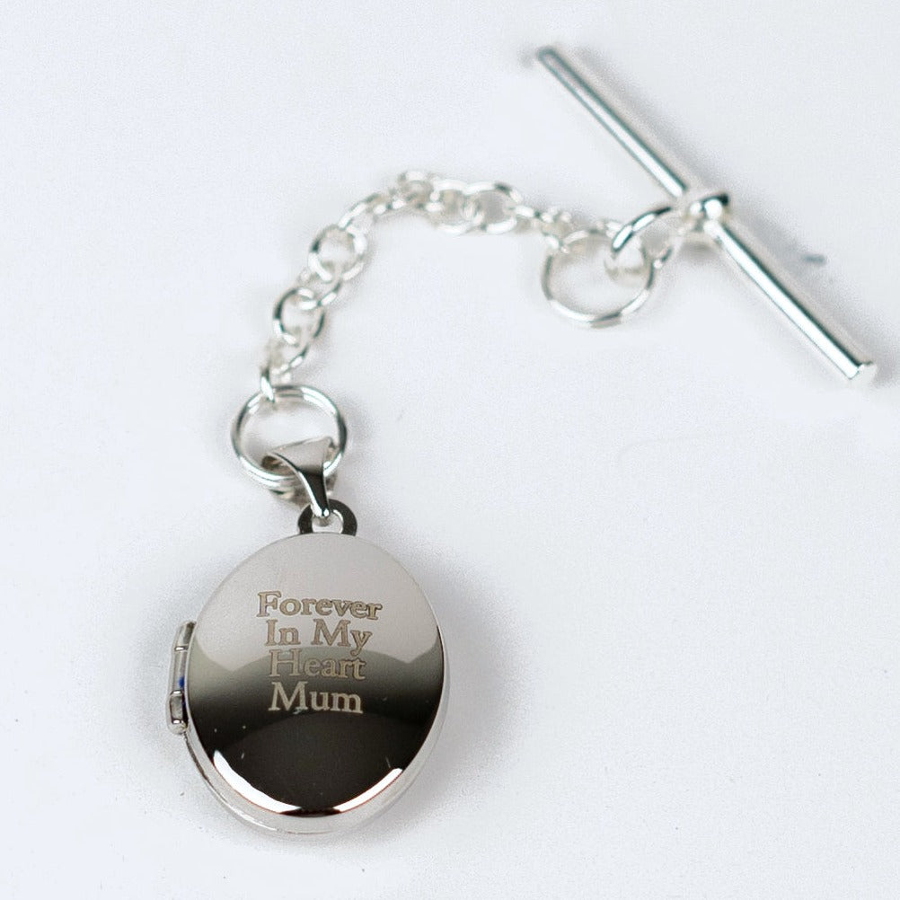 Sterling silver locket engraved with message of your choice, shown with Tbar clasp