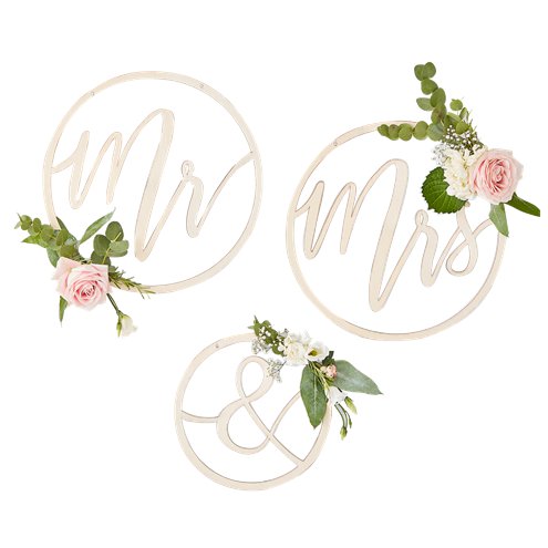 gold wedding hoops decorated with flowers and saying Mr & Mrs
