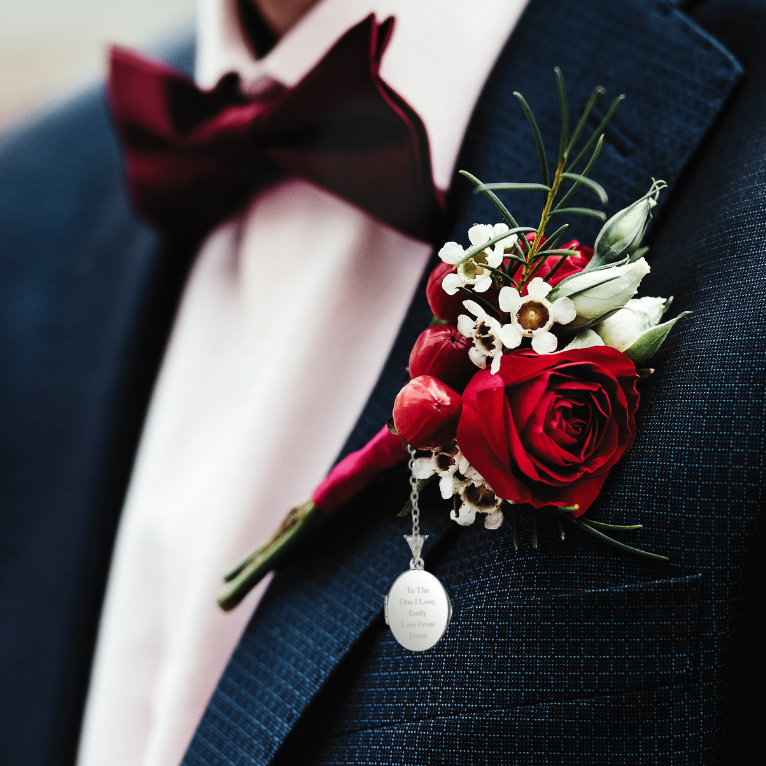 Engraved Groom locket on lapel