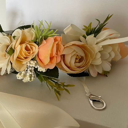 peach and ivory wedding ring bearer dog collar shown with optional ring bearer clasp