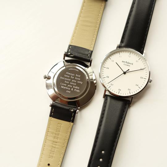 Men's architect watch with modern font personalisation on reverse