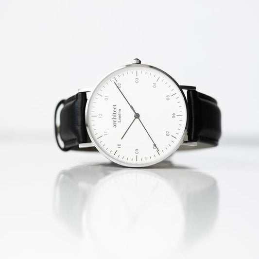 personalised watch with white face and black strap