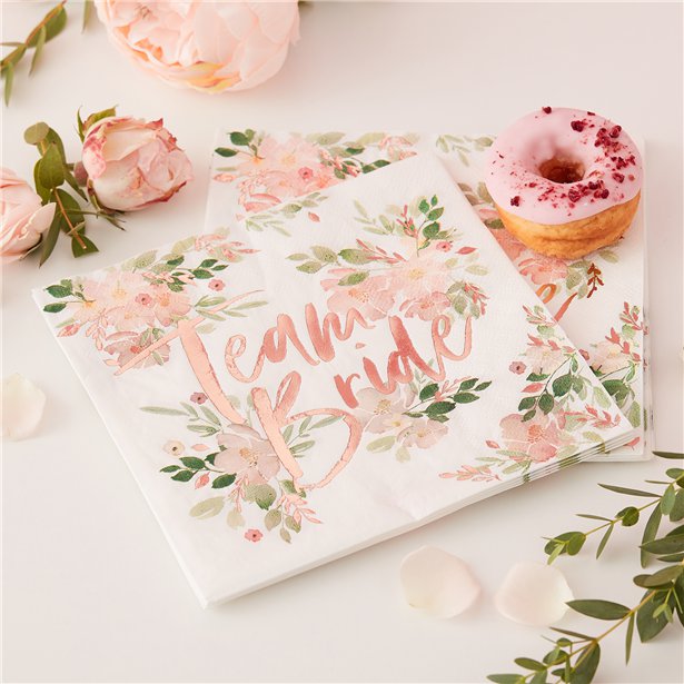 Team bride floral and rose gold napkins for hen party