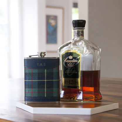 tartan hip flask with faux leather trim and personalised with up to 4 initials