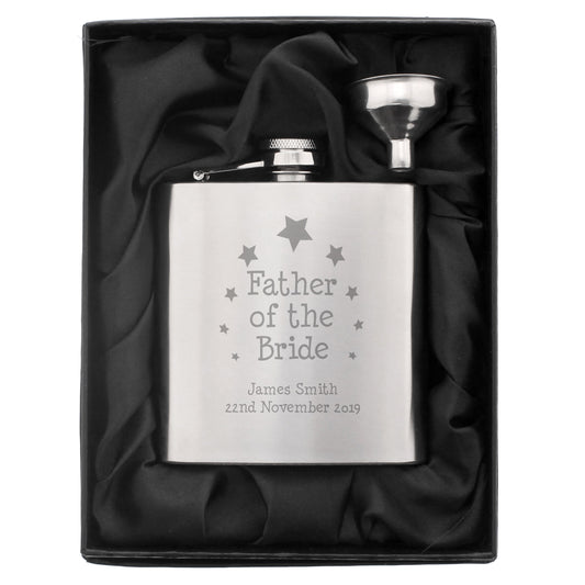 Father of the Bride personalised hip flask with star pattern. Comes with its own funnel for ease of filling. Personalise with your own message.