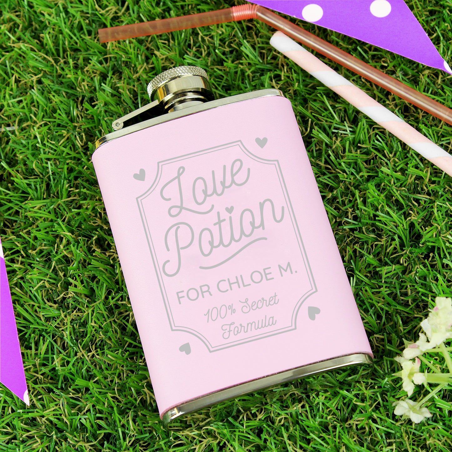 Pink hip flask "Love Potion, secret formula, can be personalised with a name of your choice.