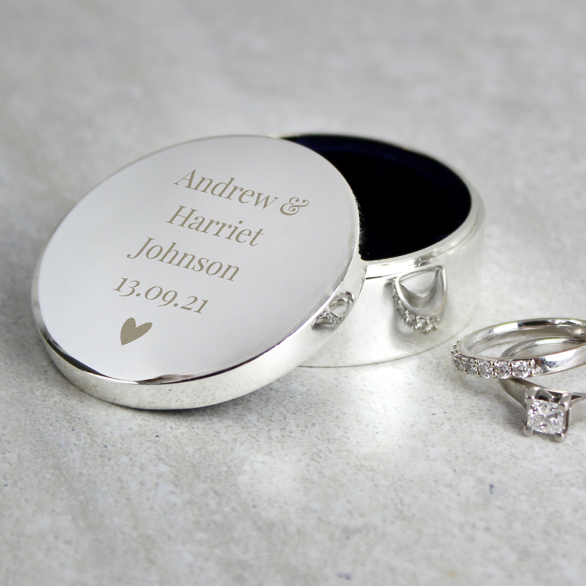 Personalised ring box with love heart engraved with couples' names and wedding date