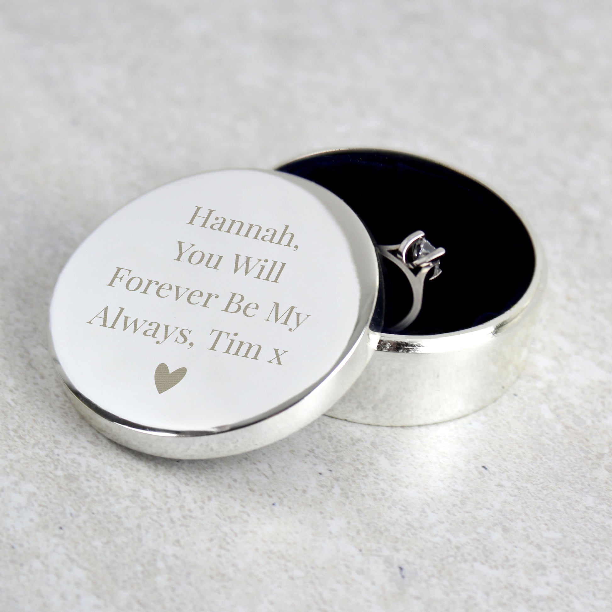 Personalised ring box with love heart and your own special message
