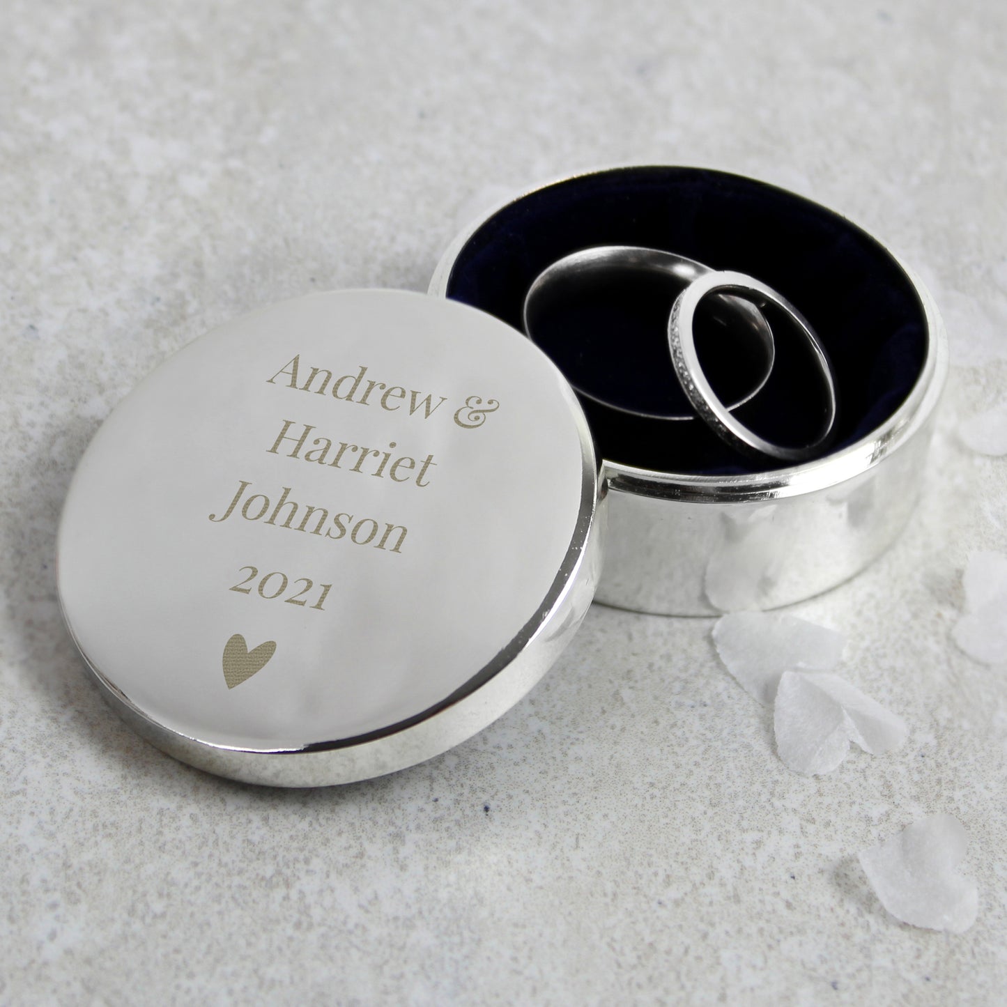 Personalised ring box with love heart and couple's names and wedding date