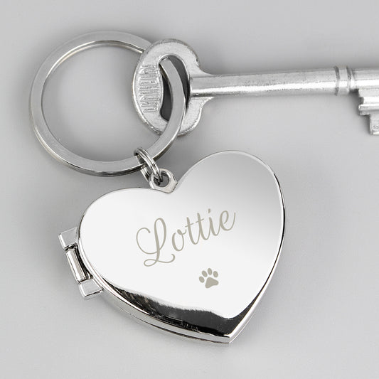 nickel plated opening locket key ring with paw print, engraved with your pet's name