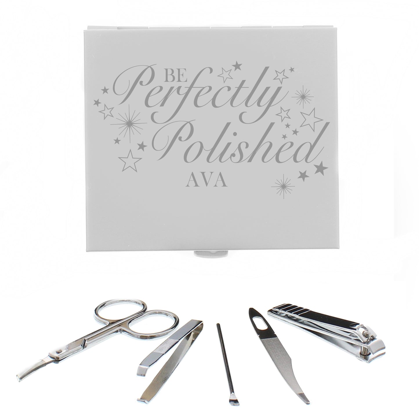 Manicure set engraved with "Be Perfectly Polished" and personalised name. Contents are nail scissors, tweezers, cuticle buffer, nail file, nail clippers
