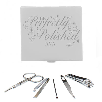 Manicure set engraved with "Be Perfectly Polished" and personalised name. Contents are nail scissors, tweezers, cuticle buffer, nail file, nail clippers
