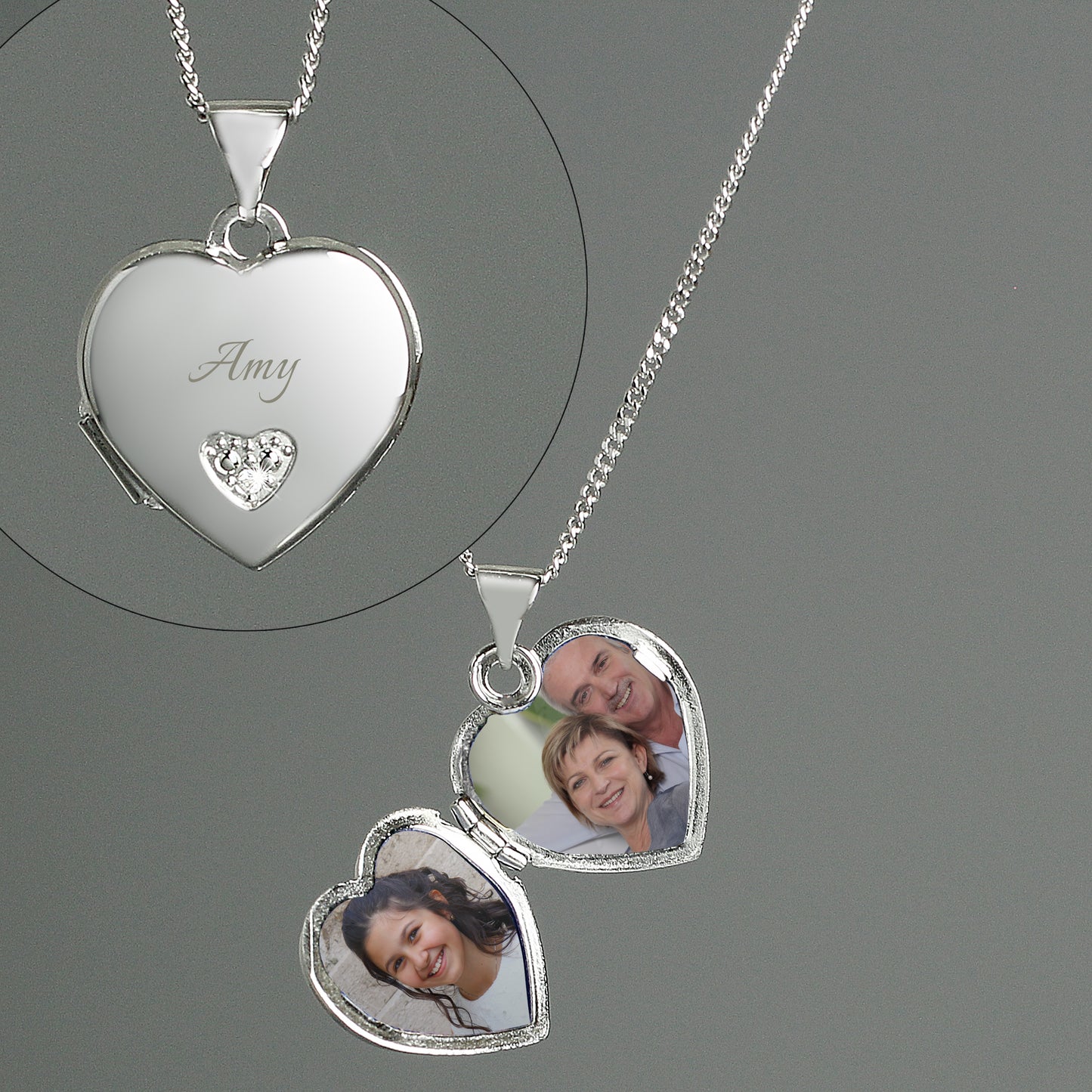 childs sterling silver locket engraved with name and showing interior with two photos
