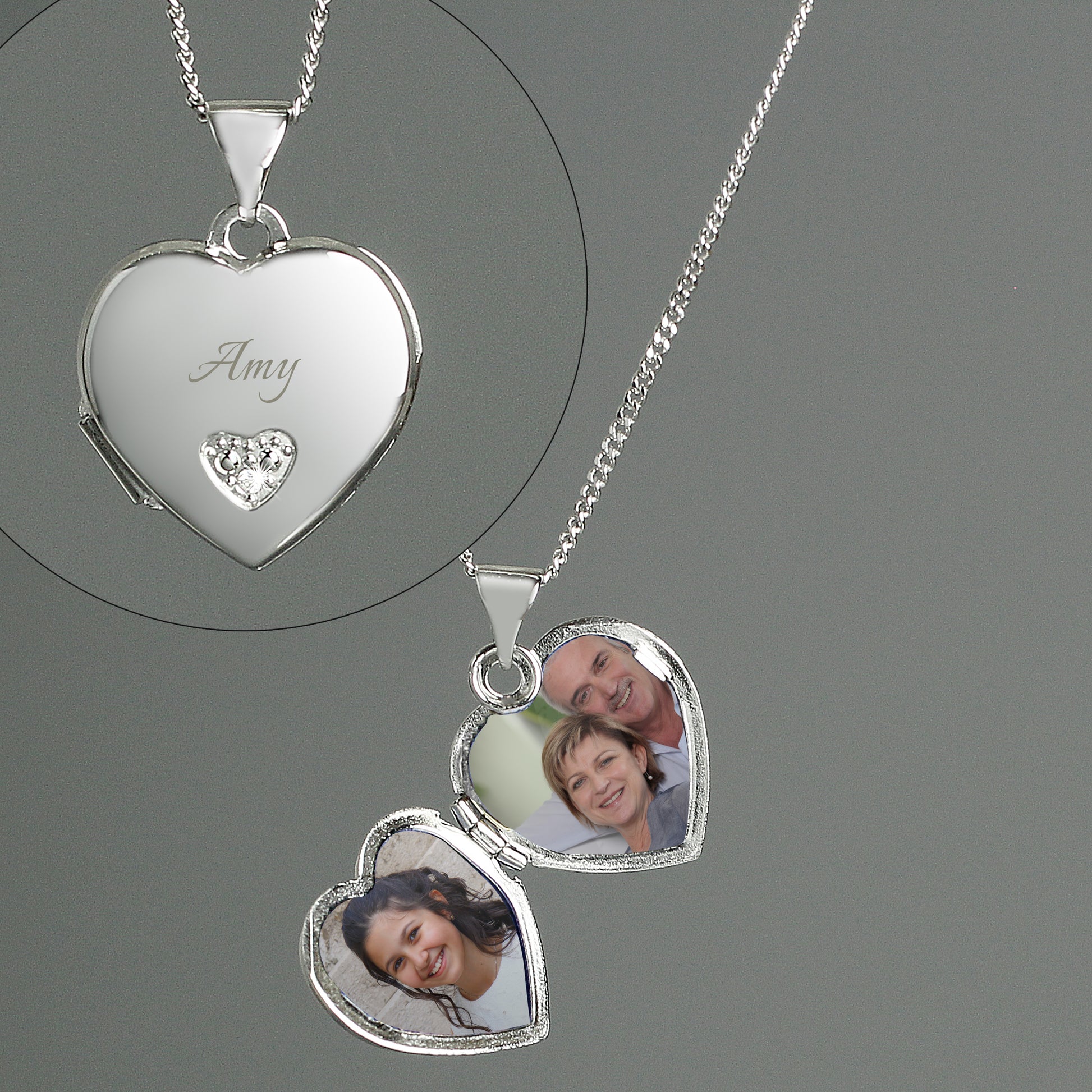 childs sterling silver locket engraved with name and showing interior with two photos