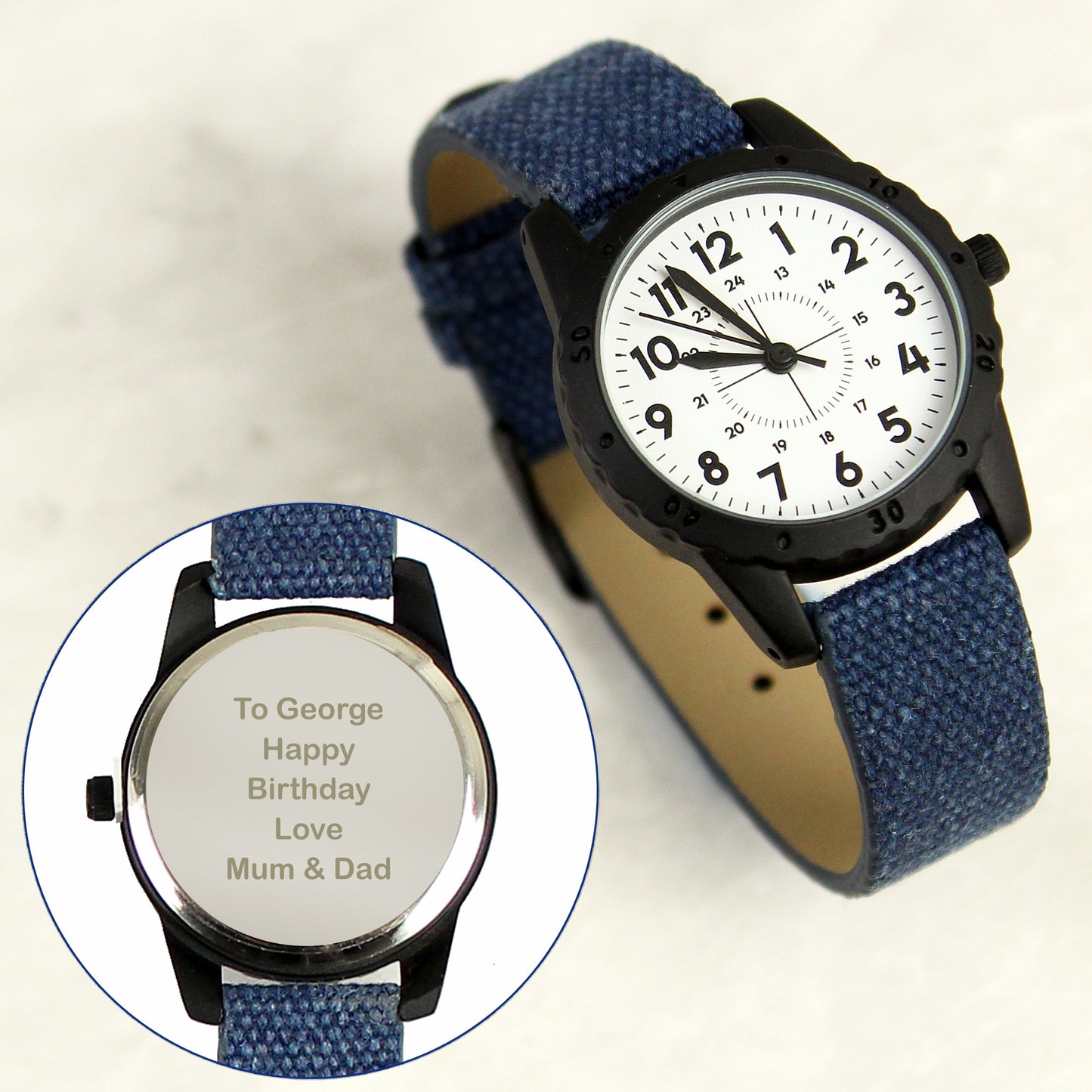 boys watch easy reading face and blue canvas strap, ideal first watch, engrave on reverse