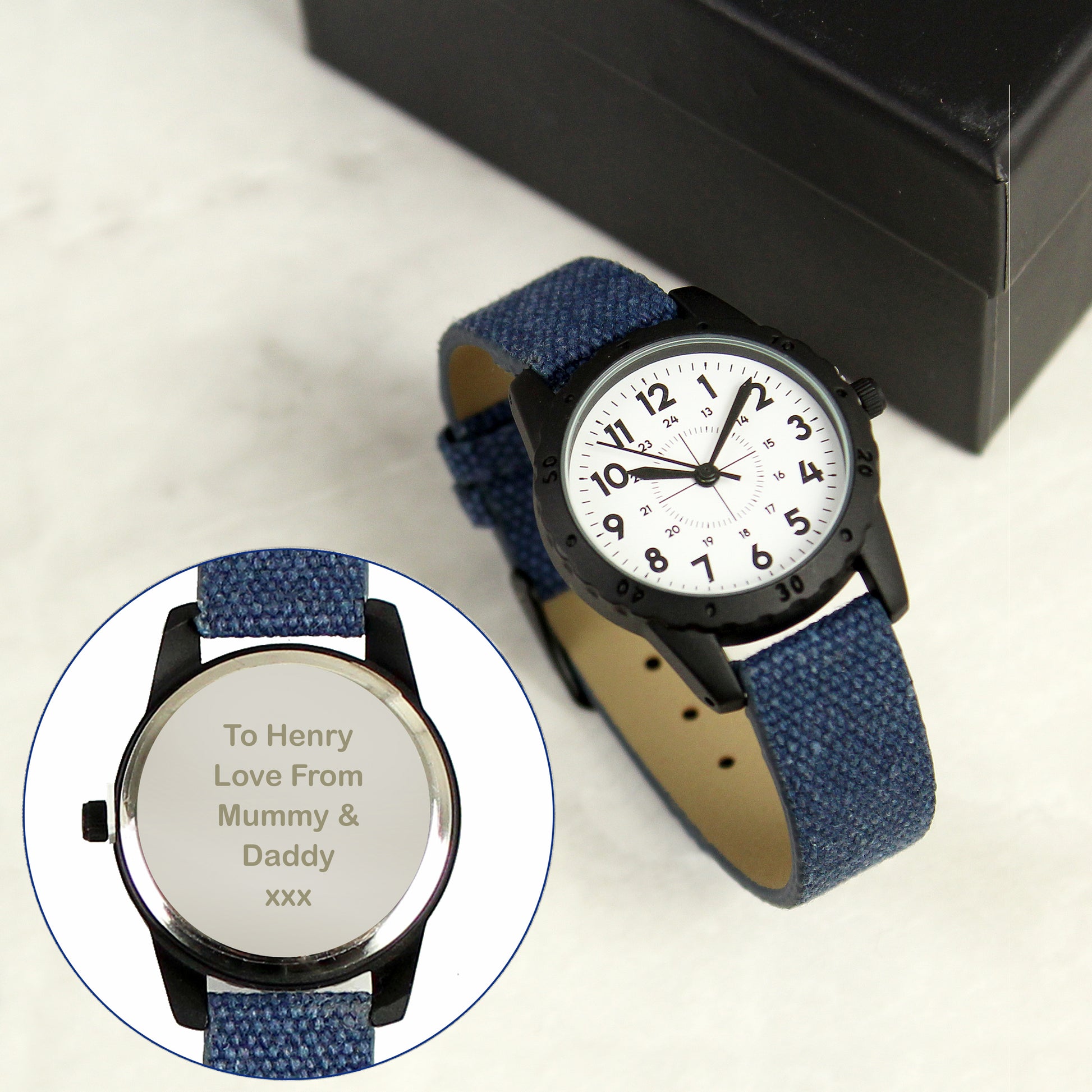 boys watch easy reading face and blue canvas strap, ideal first watch, engrave on reverse