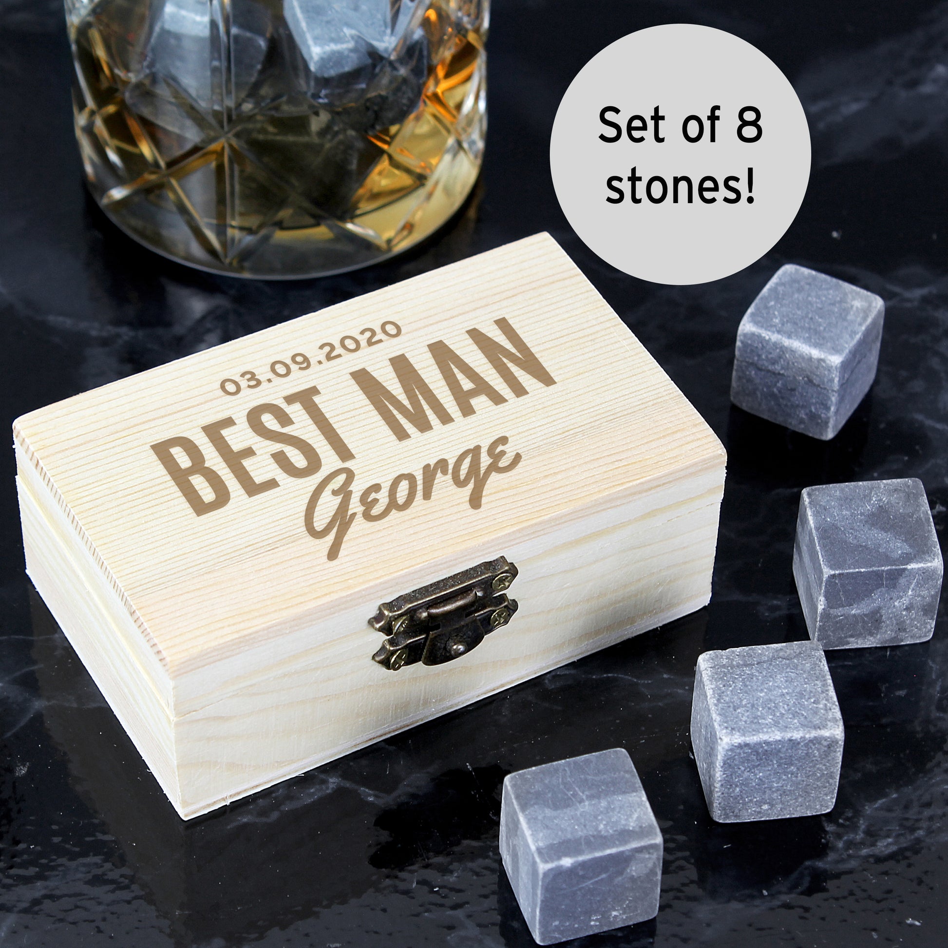 set of 8 drink cooling stones in wooden keepsake with personalised best man details