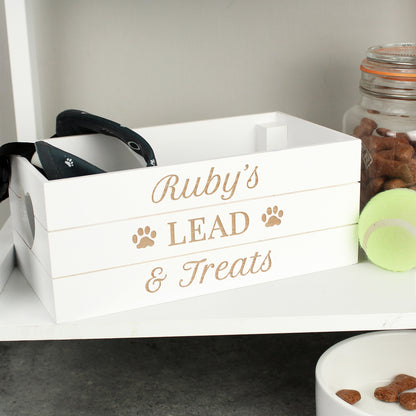 wooden crate personalised with paw prints and up to three lines of text to keep your pet things together. Heart shaped handles. Reclaimed wood.