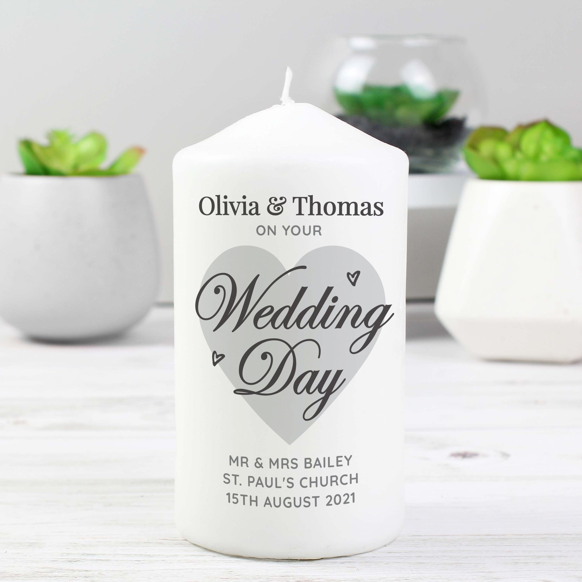 Wedding day candle can be personalised with up to four lines of text