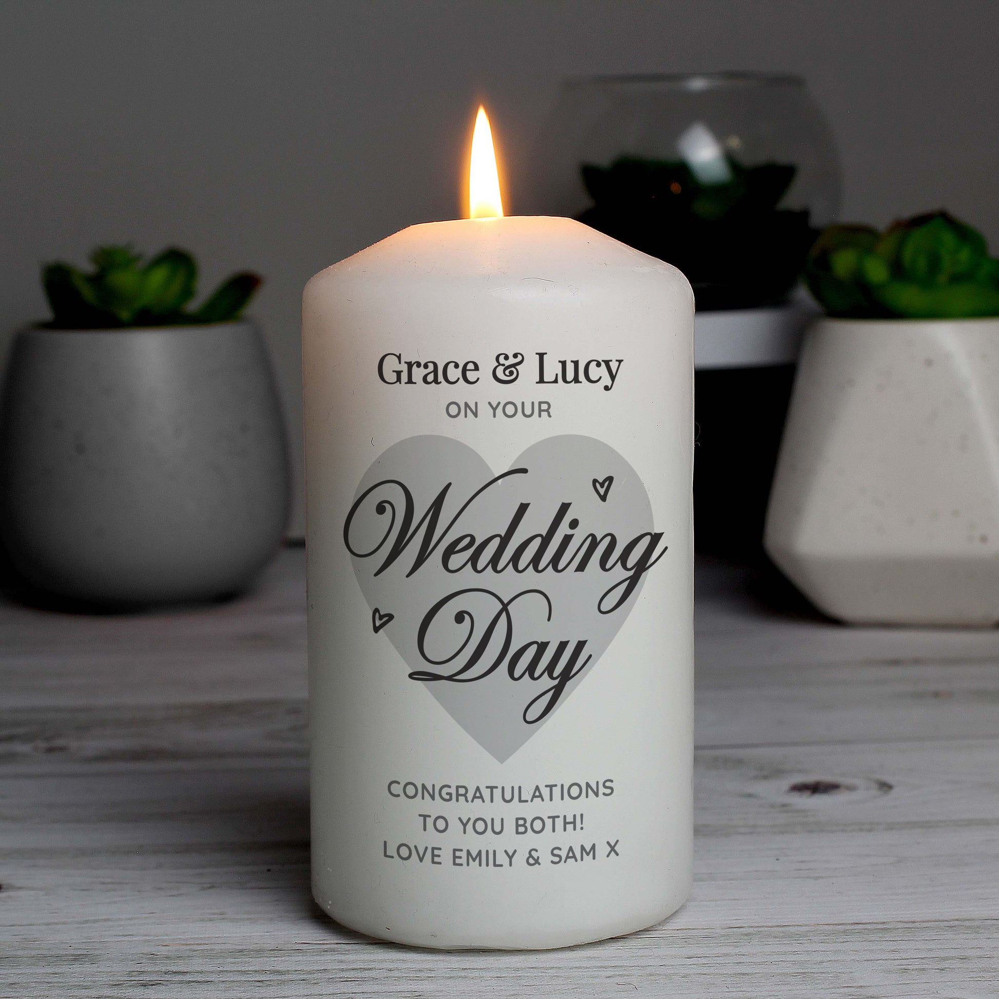 personalised wedding day candle, with up to four lines of personalised text.