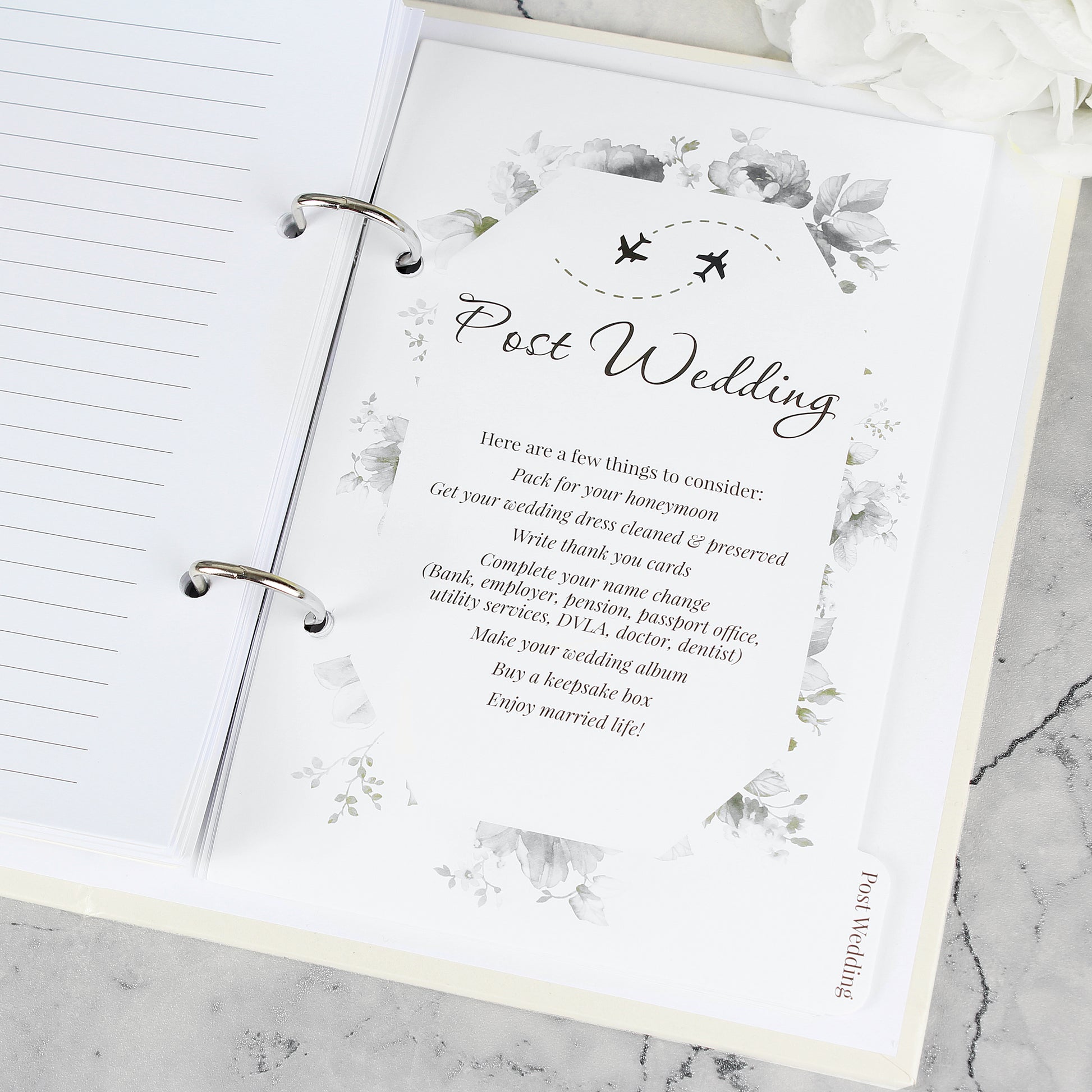 SLove, Laughter and happily ever after wedding planner, personalised with the couple's first names. A ring bound planner with lots of useful content. showing Post Wedding checklist in planner