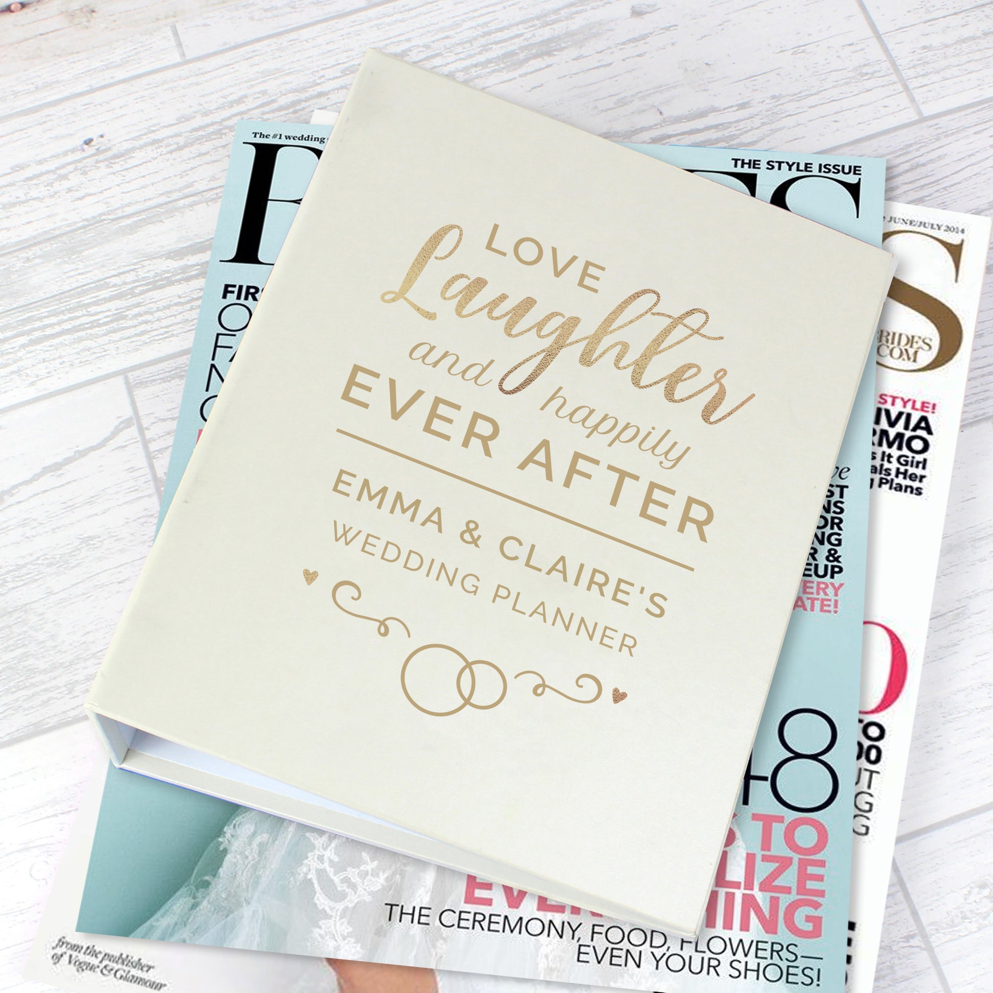 Personalised wedding planner with the words Love Laughter and Happily Ever After, personalised forr same sex wedding