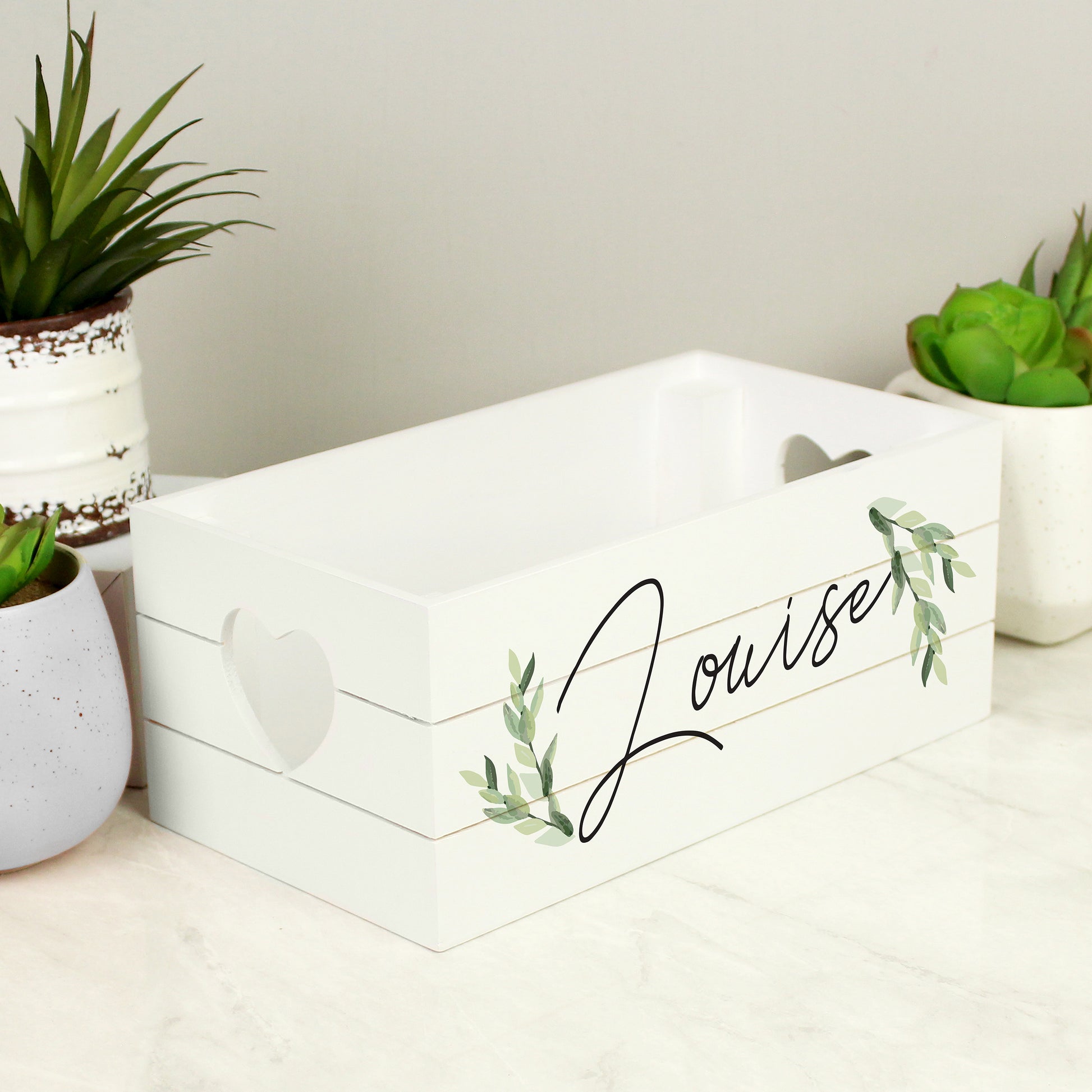 Small white wooden crate with heart shaped handles, personalised with name of your choice